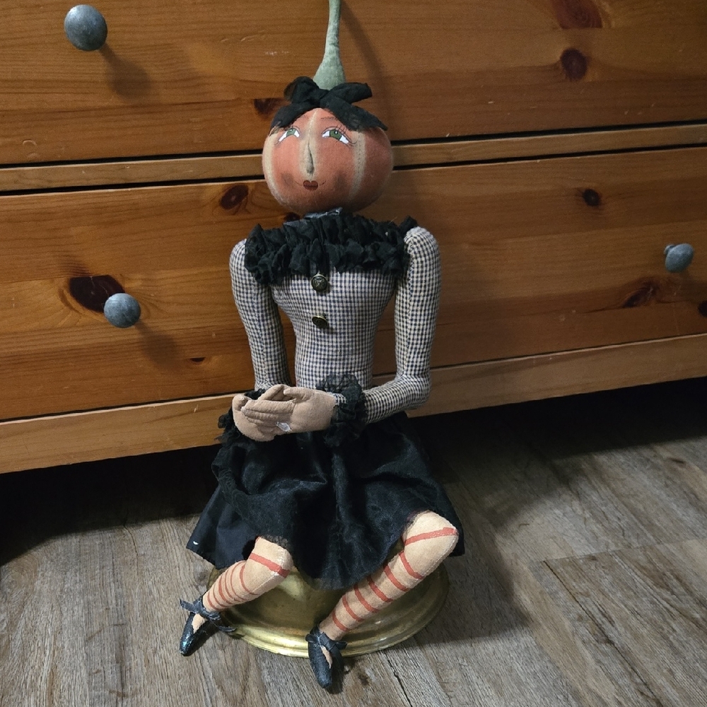 Handcrafted Pumpkin Doll with Black Dress